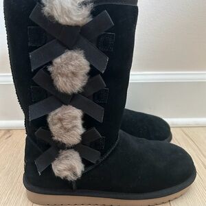 UGG Black Suede Boots with Fur and Ribbon Details
